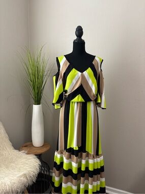 Ashley Stewart Neon Green, Black & Tan Striped Cold-Shoulder Maxi Dress